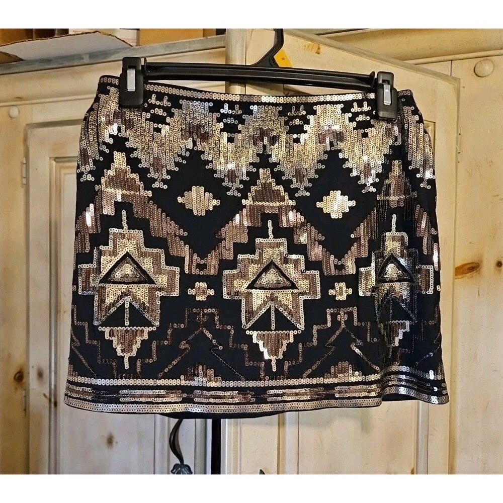 Express Aztec Geometric Print Sequin Mini Skirt Gold Black XS (27x13) Excellent